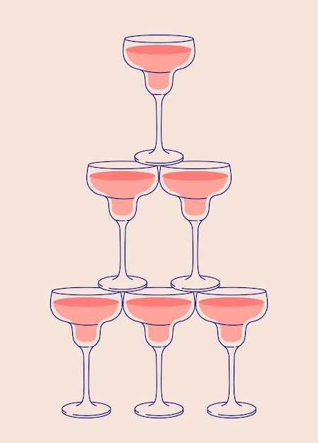 Vector cocktail glasses pyramid sparkling wine cocktail tower postcard for web and print