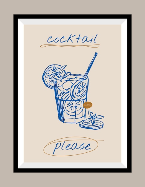 Cocktail hand drawn vector illustration in a poster frame