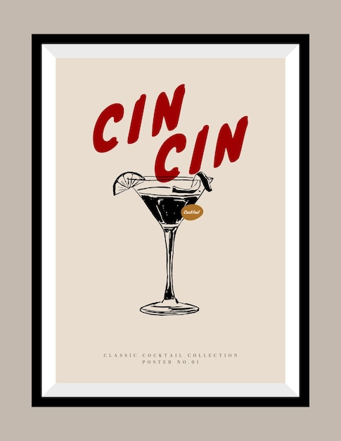 Vettore illustrazione vettoriale disegnata a mano di un cocktail in una cornice di poster