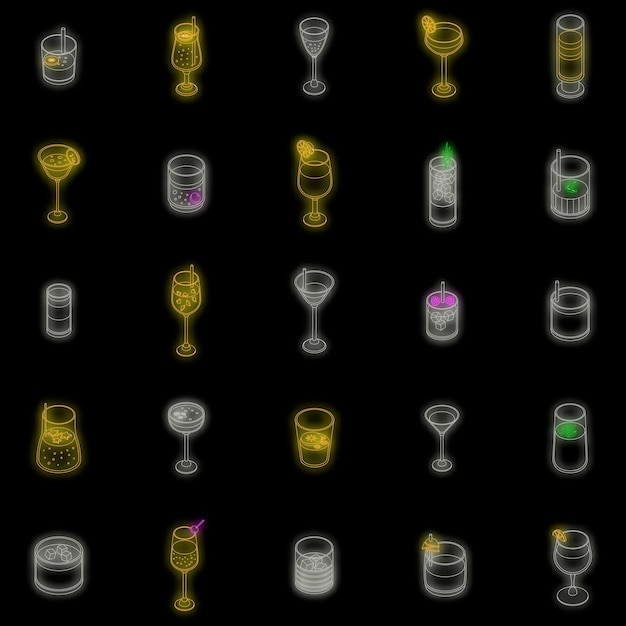 Cocktail icons set vector neon