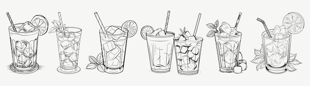 Vettore set di bicchieri da cocktail con limonata e alcol. stile di incisione, penna, matita, tratteggio incrociato, carta da cova, pittura, illustrazione lineart vettoriale vintage retrò