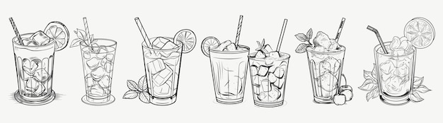 Vector cocktail lemonade alcohol glasses set engraving style pen pencil crosshatch hatching paper painting retro vintage vector lineart illustration