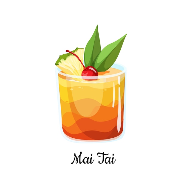 Cocktail Mai Tai in cartoon-stijl voor menu, cocktailkaarten. Hedendaagse klassieke cocktail. Long drink. Polynesische stijl drink populaire tiki-cocktail met een schijfje ananas. Zomer drankje pictogram.