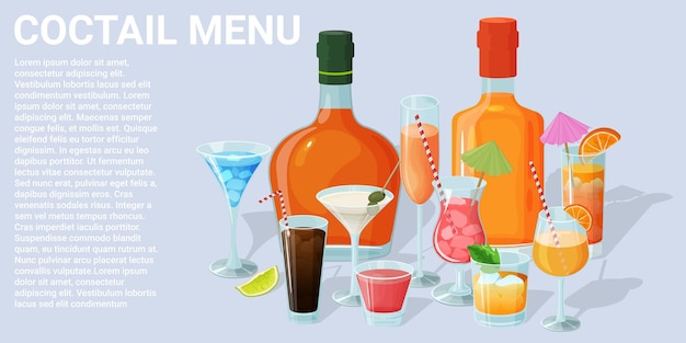 칵테일 메뉴 안경과 잔에 담긴 알코올 음료 다이키리 마티니 마가리타 코스모폴리탄