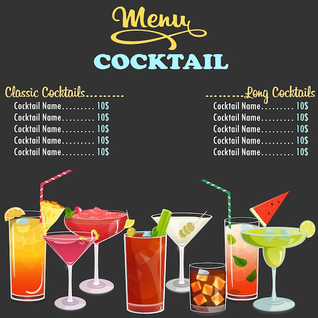 Дизайн меню коктейлей с бокалами для коктейлей векторное изображение eps10