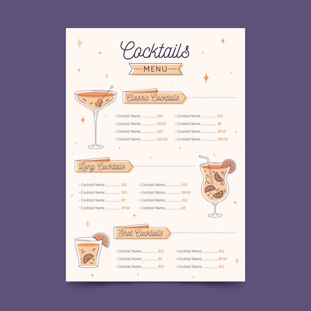 Cocktail menu design with glasses