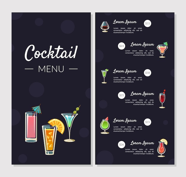 Vettore menu di cocktail modello menu di bar alcolico con diversi tipi di cocktail e bevande alcoliche banner card flyer vector illustration web design