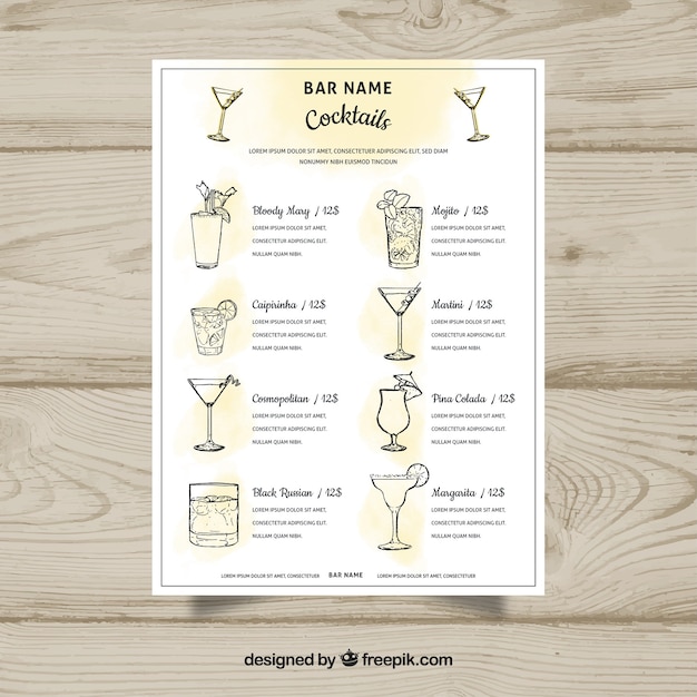 Vector cocktail menu template in hand drawn style