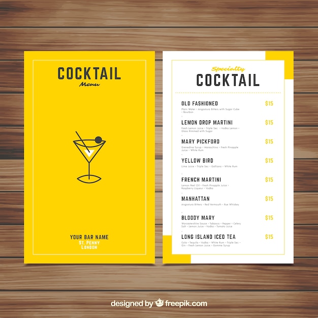 Modello di menu cocktail con stile elegante