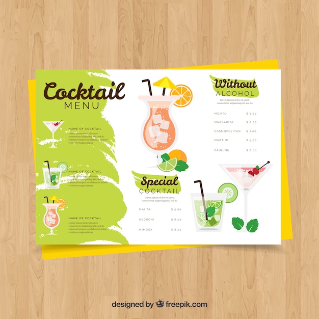 Cocktail menu template with flat design
