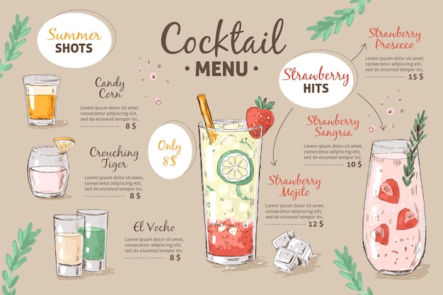 Vettore modello di menu cocktail