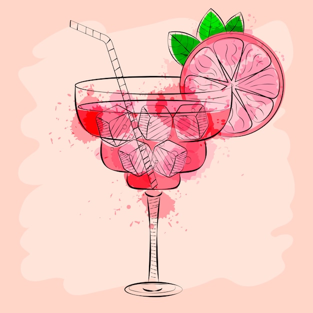 Cocktail met roze grapefruit hand getrokken vectorillustratie