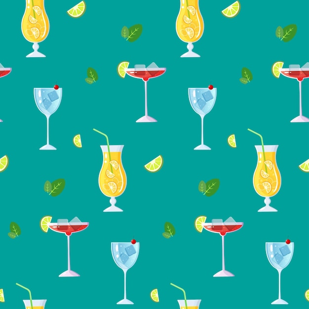 Vector cocktail and mint pattern on a green background