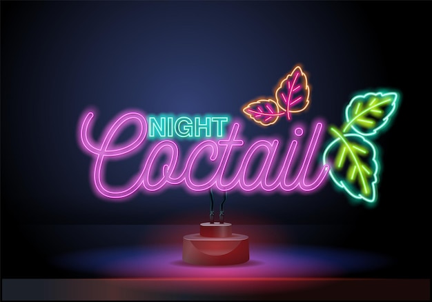 Insegna al neon dell'illustrazione di vettore dell'emblema al neon del cocktail per la promozione del tabellone per le affissioni dell'insegna o pubblicità e...