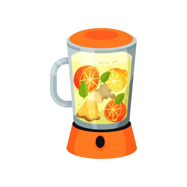 Vector cocktail of orange lemon ginger mint in blender healthy drink and smoothie vegetarian concept vector flat illustration