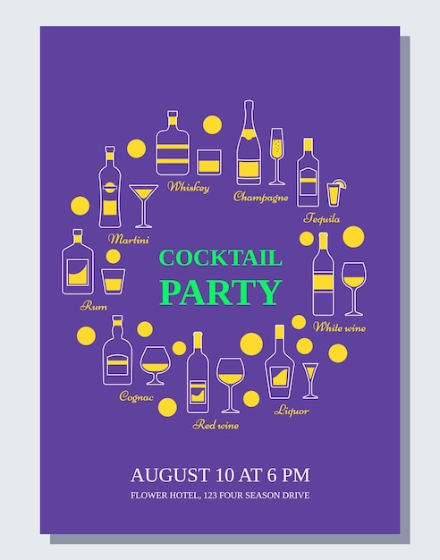 Modello di invito per cocktail party design poster flayer vector card con icone di contorno bottiglie bicchieri bevande alcoliche in stile line art
