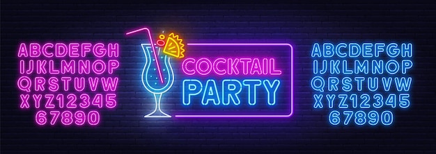 Vettore insegna al neon del cocktail party sulla priorità bassa del muro di mattoni. alfabeti al neon blu e rosa.