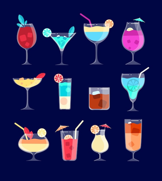 Cocktail set. Iced alcohol drinks in glasses with straw, lemon. Caipirinha, whiskey and mojito, pina colada cocktail vector bar drinks. Cocktail alcohol, whiskey and refreshment drink illustration