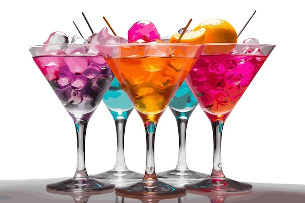 cocktail set on a white with fresh summer fruits Colored long drink as a classic cocktail in various