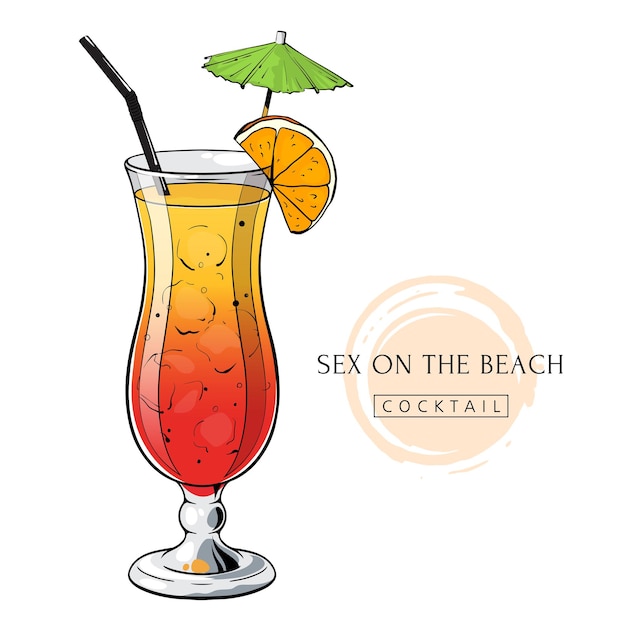 Cocktail sex on the beach hand drawn alcohol drink with orange slice and umbrella