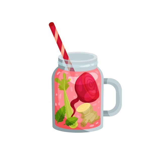 Vector cocktail with beets celery mint ginger in glass healthy drink and smoothie vegetarian concept vector flat illustration