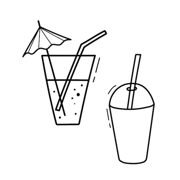 Cocktail with umbrella and straw in classic glass Doodle vector icon isolated on white background