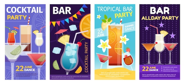 Vector cocktail zomerfeest en tropische bar posters met drinkglazen. alcoholische cocktails drinken evenement in nachtclub uitnodiging vector set