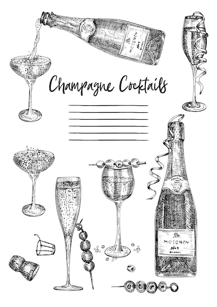 Cocktailbar menu ontwerpsjabloon in retro stijl geïsoleerd op grijze achtergrond Hand getrokken glas en fles champagne Vintage wijnkaart Alcohol drank symbool