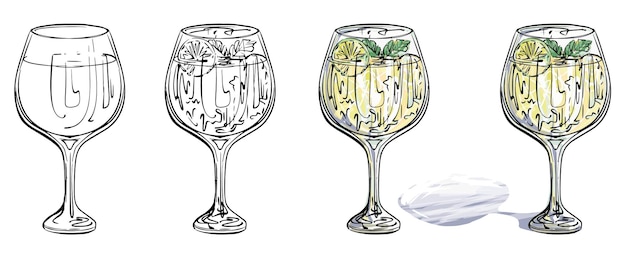 Cocktailglas in zwart-wit afbeeldingen en kleur in vector. set glazen in verschillende kleuren.