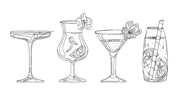 Cocktailglazen schetsen set Hand getrokken martini gin wijn Margarita cognac beker drank scotch whisky Vector illustratie bar menu alcohol concept