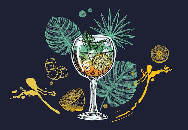 Cocktailmenu ontwerpsjabloon Alcoholische cocktails handgetekende