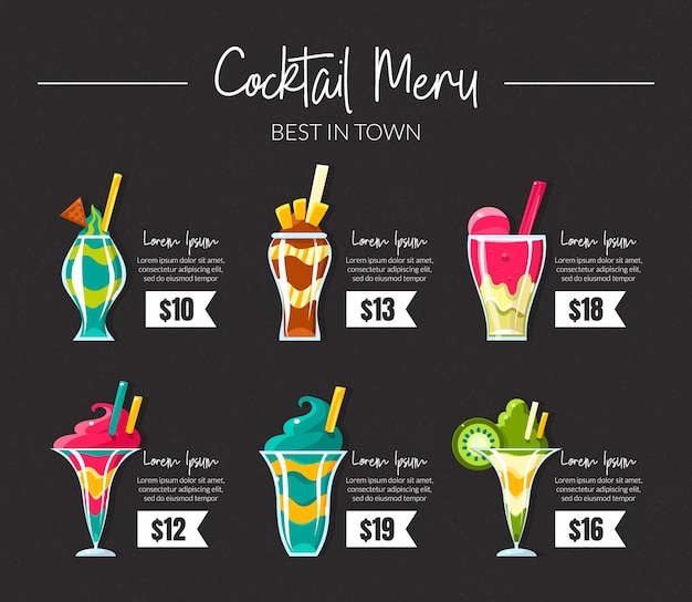 Cocktailmenu op een zwarte achtergrond Vectorillustratie