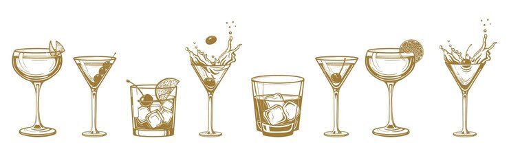 Vector cocktails alcoholische daiquiri ouderwetse manhattan martini zijspan glas hand getrokken gravure vectorillustratie geïsoleerde zwart-wit vintage stijl dranken set