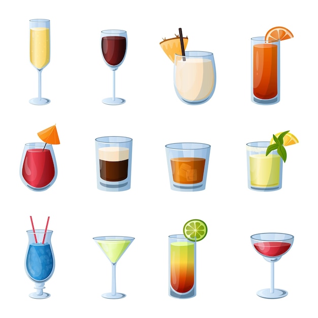 Vettore cocktail bevande alcoliche dei cartoni animati in bicchieri diversi per menu bar o ristorante scatti luminosi e long drink con pezzi di paglia o frutta vino e champagne set vettoriale isolato