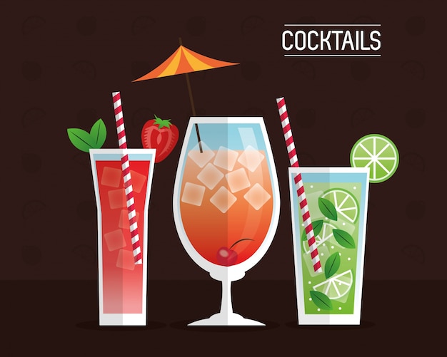 Vector cocktails glasses drink black background