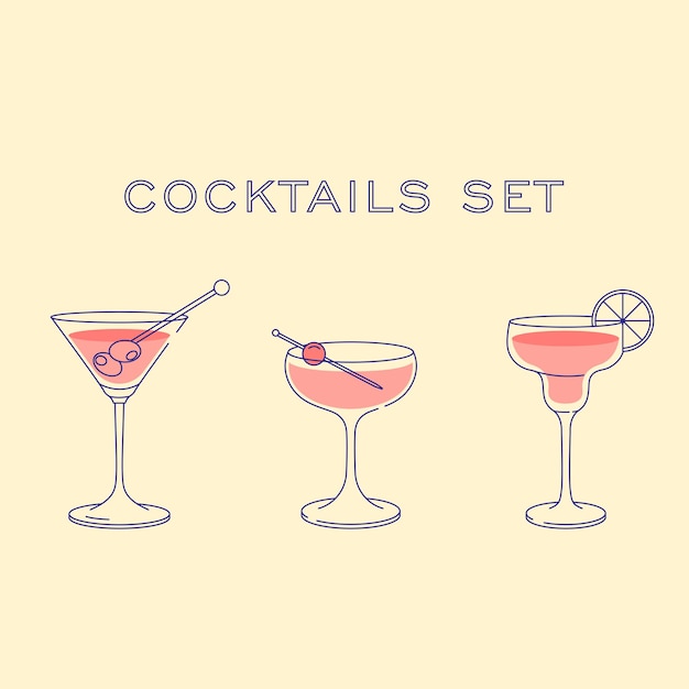 Cocktails instellen illustratie geïsoleerd platte ontwerpstijl met kleurvulling martini kosmopolitische cocktails