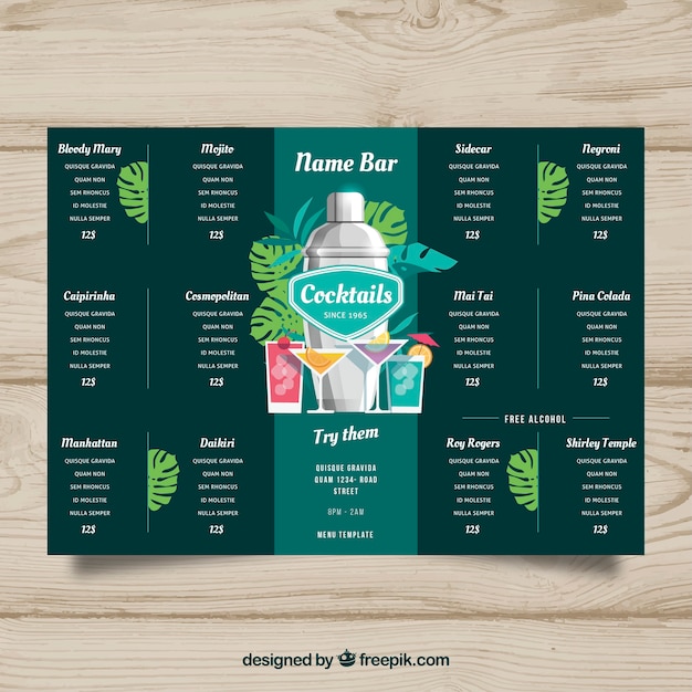 Vector cocktails menu template in flat style