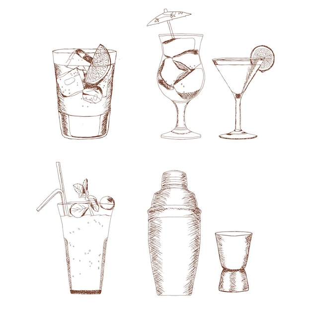 Cocktails pack handdrawn sketch art vector transparent background