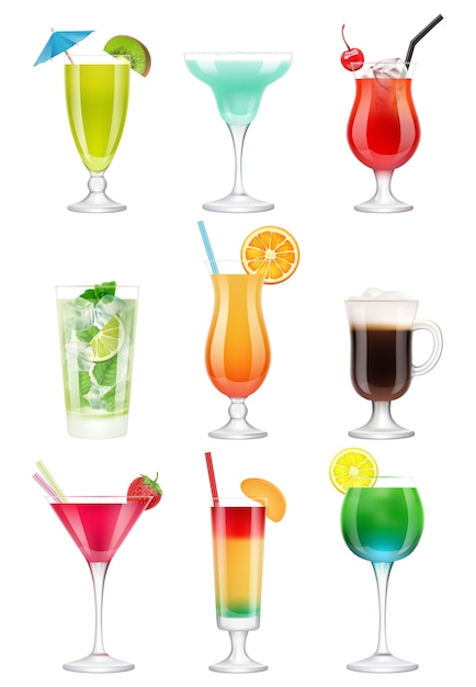 Cocktails realistisch. Alcoholische dranken in glazen sap tequila munt likeur gin tonic realistische cocktail. Realistische cocktail, mojito en munt, parapluillustratie