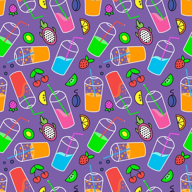 Vector cocktails seamless pattern cup with straw and cap for cocktail and juice