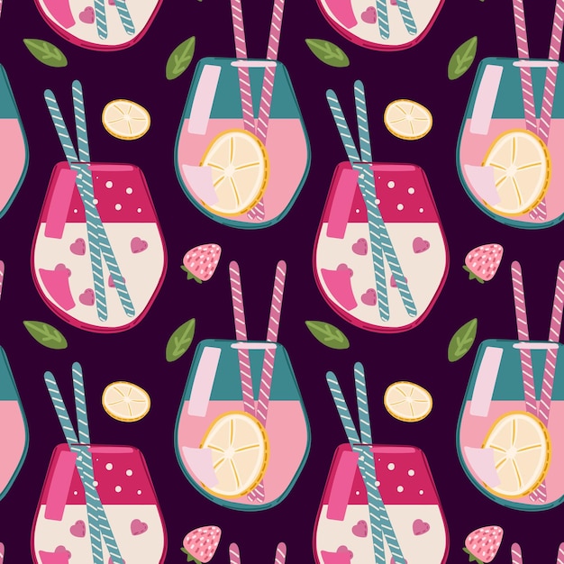 Cocktails seamless pattern Repeating design element for printing on fabric Symbol of summer season and hot weather Refreshing drinks with ice juice and soda Cartoon flat vector illustration