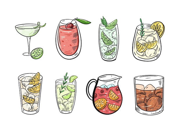 Vector cocktails set. flat colorful  illustration. isolated on white background.