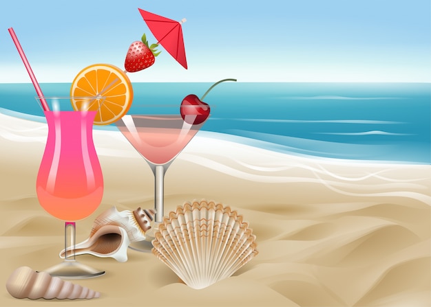 Vector cocktails and shells on the beach background