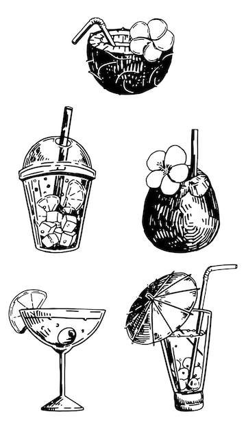 Collezione di schizzi di cocktail disegni retrò di fresche bevande estive illustrazioni vettoriali disegnate a mano set di clipart isolato su bianco