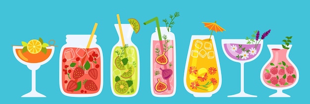 Vector cocktails, summer jug, jar and glass juice cartoon set. tropical strawberry lemonade and tea and orange fresh smoothie