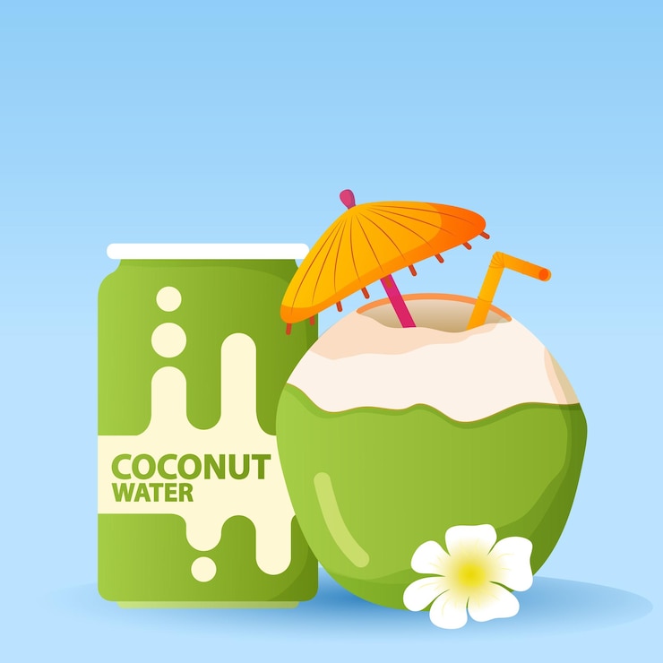 Vector coco sparkling coconut water aluminum can fresh cocktail of coconuts an umbrella carbonated water