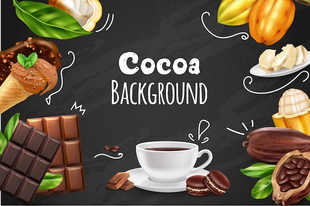 Cocoa background with realistic images of different types of chocolate