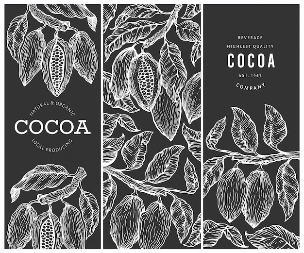 Set di banner di cacao. fave di cacao al cioccolato sullo sfondo