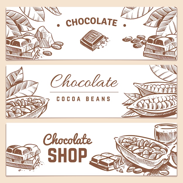 ココア豆、チョコレート製品の水平ベクトルバナーセット