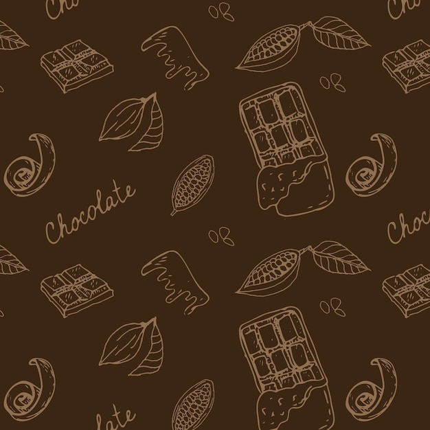 Schizzo di grano di cacao e cioccolato sfondo scuro illustrazione vettoriale isolata disegnata a mano